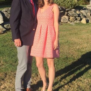 Coral ikat cocktail dress with pockets!